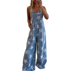 Women's Denim Overalls Star Print Loose Fit Jumpsuit Wide Leg Casual